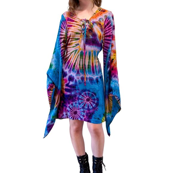 Tie Dye Hippie Wook Festival Bell Sleeve Psychedelic Priestess Mini Dress - Picture 2 of 8
